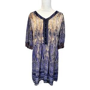 Rabbit Rabbit Rabbit Women's Dress Size 6 Paisley Pleated V-Neck Navy Buttons